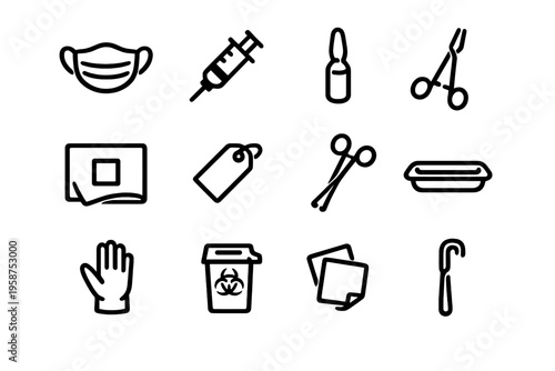 A collection of twelve minimalist black line icons representing