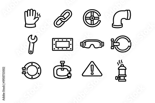 A collection of twelve black line icons representing industrial