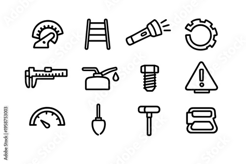 A collection of twelve minimalist line icons representing various