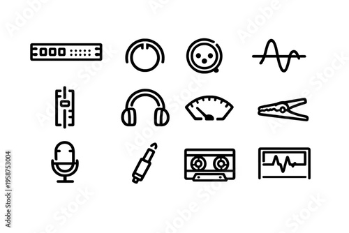 A collection of twelve minimalist black and white line icons