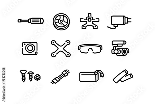 A collection of twelve minimalist line icons depicting drone