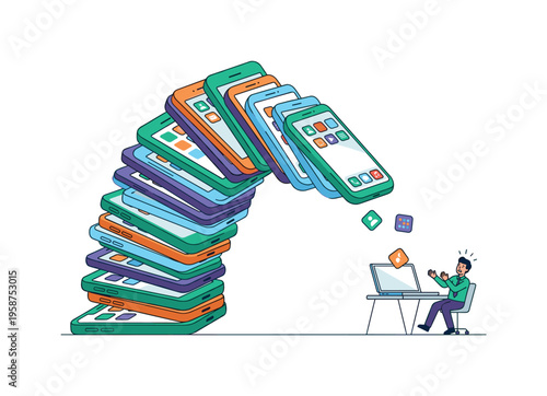 Overwhelmed by a giant stack of smartphones falling towards a stressed person