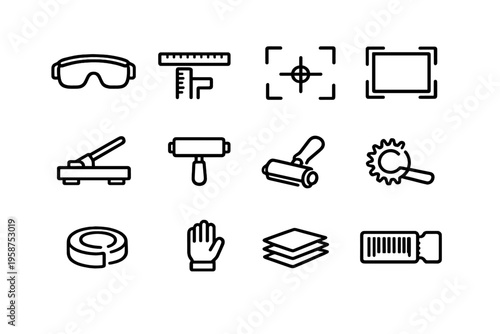 A collection of twelve minimalist black line icons representing