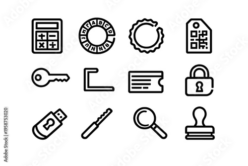 A collection of twelve minimalist black and white line icons