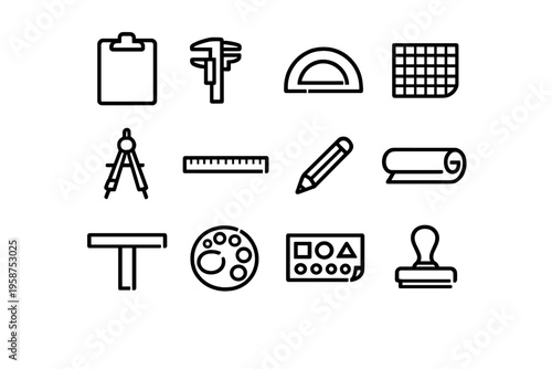 Drafting and design tools icon set featuring a clipboard, caliper