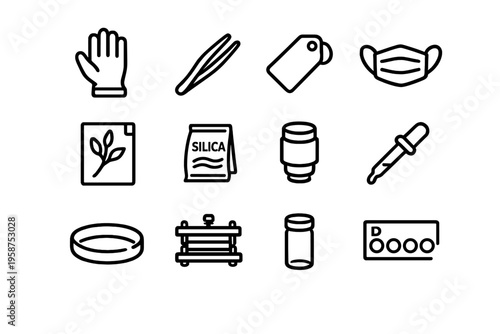 A collection of twelve minimalist line icons representing tools for
