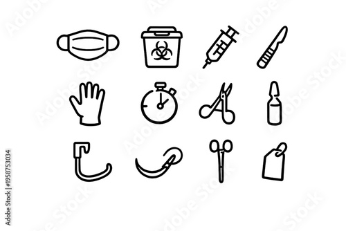 A collection of twelve medical and surgical line icons including a