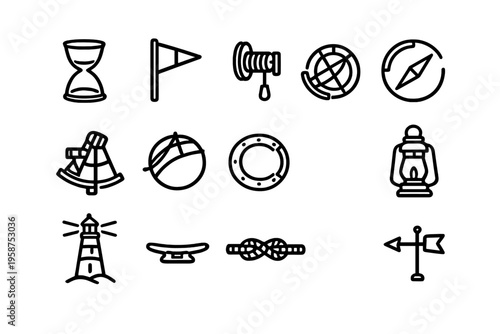 A collection of thirteen minimalist black line icons featuring