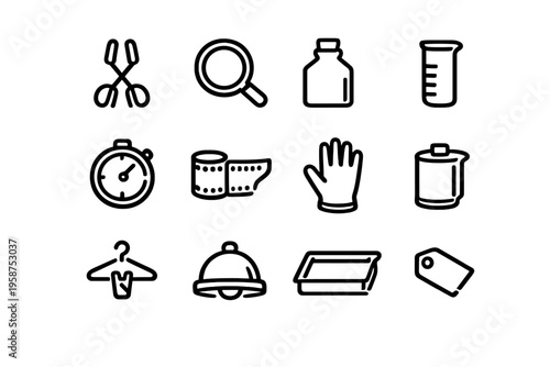 A set of twelve minimalist line icons representing analog film