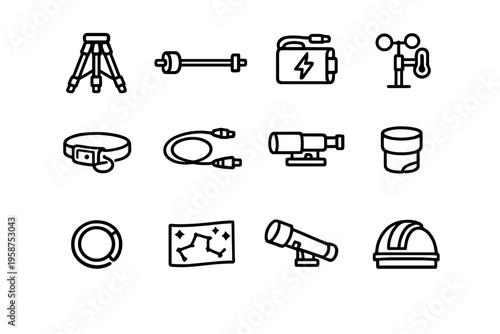 A collection of 12 minimalist line icons representing astronomy and
