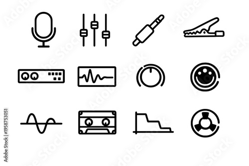 A set of twelve minimalist line icons representing audio equipment