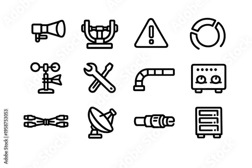 A set of twelve minimalist black and white line icons representing