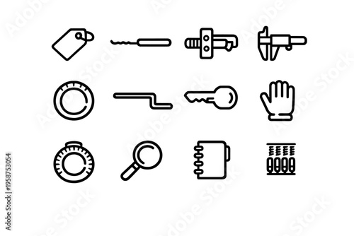 A collection of twelve minimalist black line icons representing