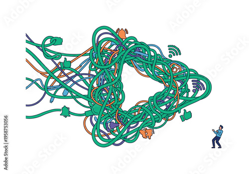 Overwhelmed by tangled social media icons and cables, a person feels stressed