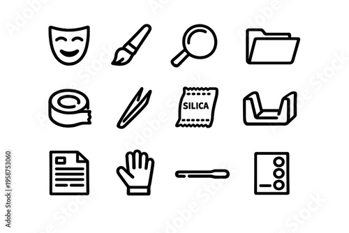 This set of twelve minimalist black line icons features tools for