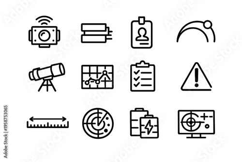 A collection of twelve black and white line icons representing