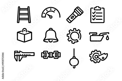 A collection of twelve minimalist black line icons representing