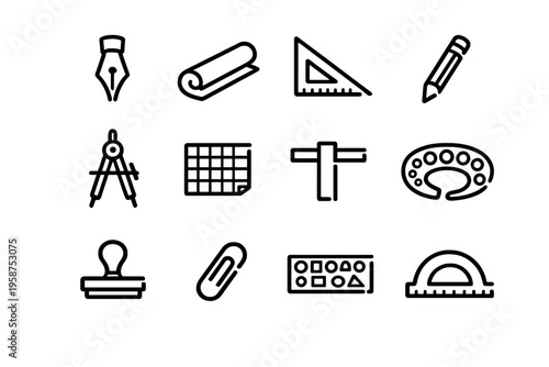 A set of twelve minimalist black line icons representing drafting