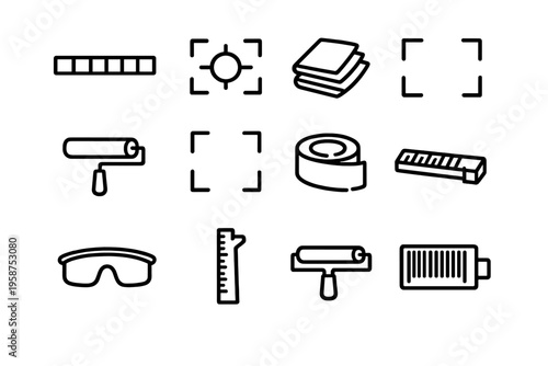 A collection of twelve minimalist black line icons representing