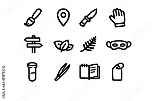 A collection of twelve minimalist black line icons on a white