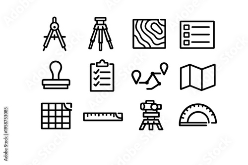 A collection of twelve black line icons representing land surveying