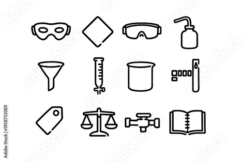 A collection of twelve minimalist black line icons representing