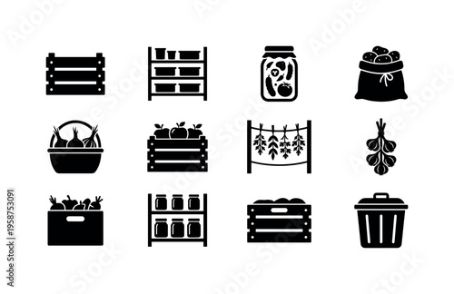 Collection of icons representing harvest storage and preservation methods