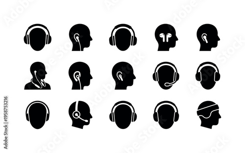 Collection of diverse headphone and earbud icons on human head silhouettes