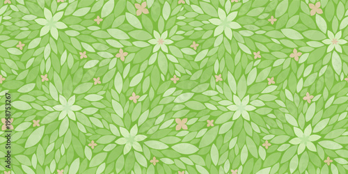 Seamless botanical pattern with hand drawn green leaves and small flowers, for herbal tea, eco friendly packaging design
