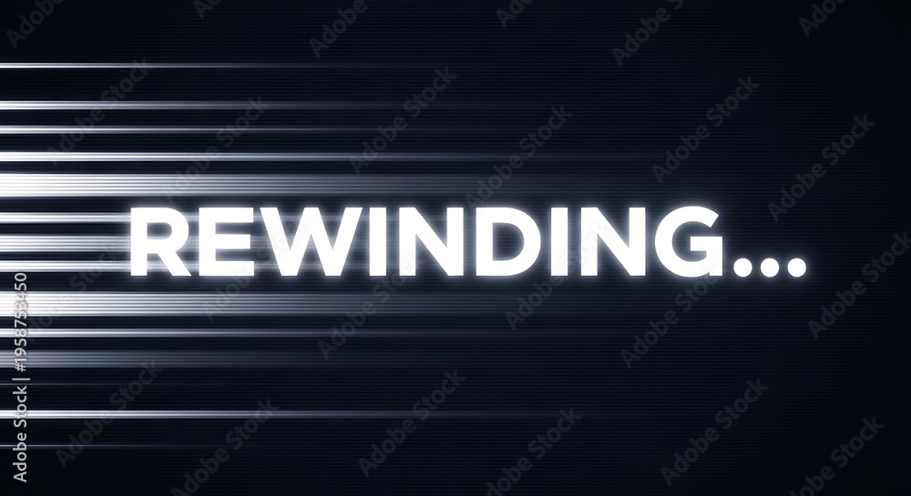 Fototapeta premium Rewinding text on a dark, blurred background with light streaks, motion blur.