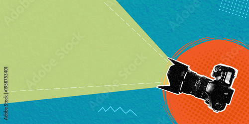 A trendy halftone collage in pop art style. A camera with a lens hood emits yellow light. Photo shoot concept. Space for advertising copy.