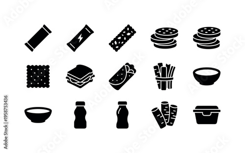 Collection of healthy snack icons representing various food items and containers