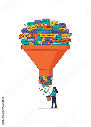 Woman overwhelmed by information overload filtering through a funnel into a bucket