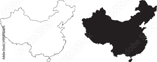 China Outline: Two contrasting outlines of China, one as a stark black silhouette, the other as a delicate white line, symbolizing a contrast of simplicity and clarity.