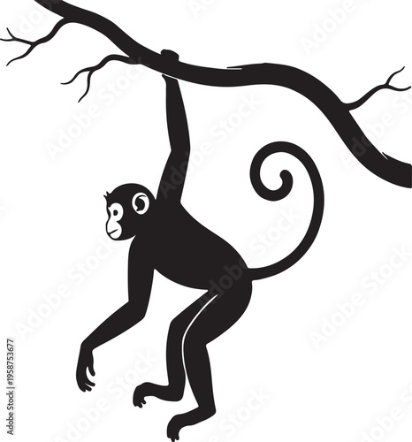 Black monkey swinging from a tree branch vector illustration EPS PNG file