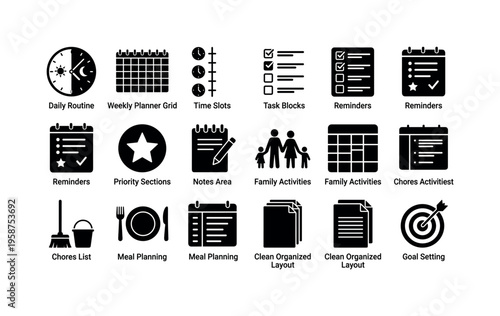 Collection of icons representing daily planning, organization, and task management tools