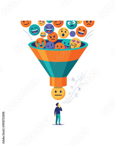 Man contemplates filtered emotions from a funnel of diverse emoji faces
