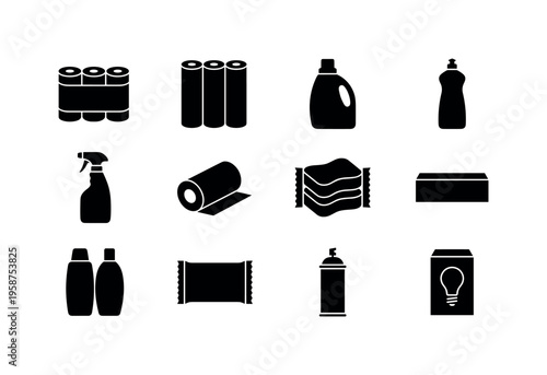 Collection of black household cleaning and paper product icons on a white background