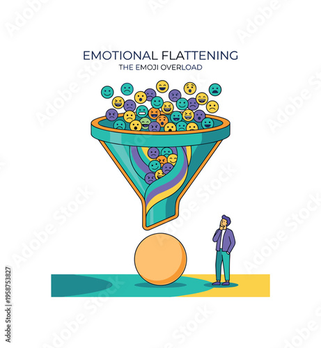Emotional flattening concept with emojis going through a funnel