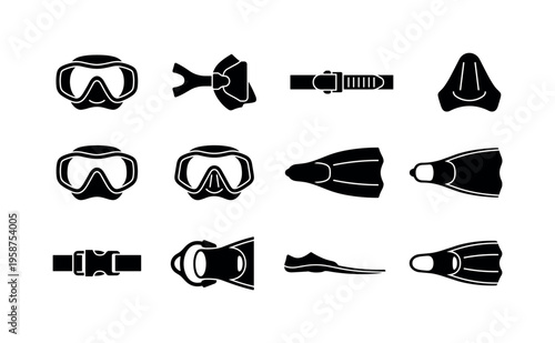 Collection of black icons representing scuba diving and snorkeling equipment