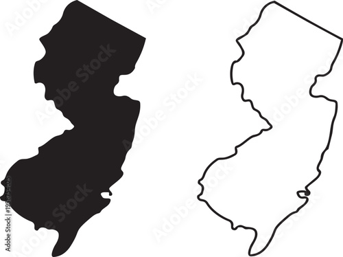 New Jersey Outline: A pair of minimalist depictions of New Jersey, one a stark silhouette and the other a clean outline, ideal for showcasing the state's distinct shape.