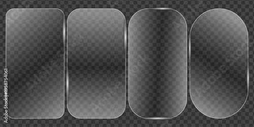 set of transparent glass on sample background. Glass framework set. Glass square, rectangular and round buttons on checkered background. Vector illustration