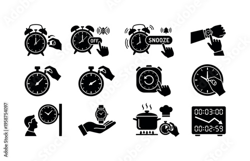Collection of icons illustrating time management and clock functions