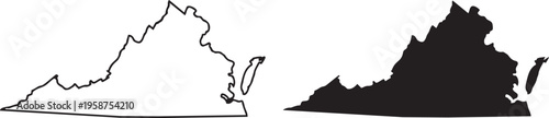 Virginia State Map: A precise outline and a solid black silhouette of the state of Virginia, showcasing its distinct shape and geographical boundaries.