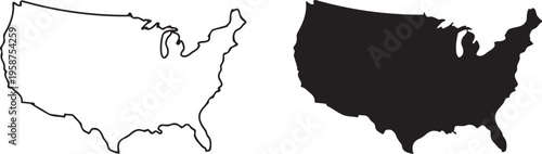 Outline of United States: A simple yet impactful rendering of the United States, presenting both a detailed outline and a solid silhouette, ideal for conveying geographical concepts.
