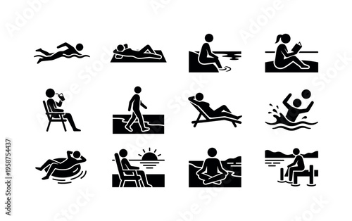 Collection of icons depicting people enjoying various water activities and relaxation by the water