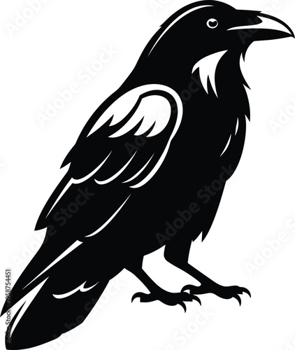 A black silhouette illustration of a crow or raven bird