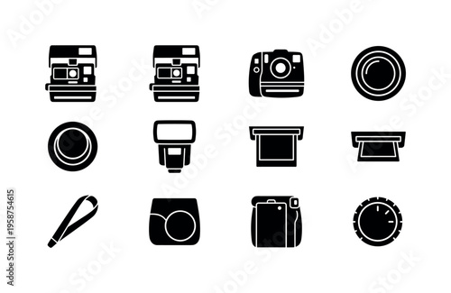 Collection of instant camera and photography accessory icons in silhouette