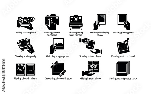 Instant photo process icons: capturing, developing, and sharing memories