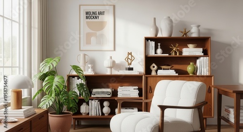 Modern Living Room Scene With Vintage Furniture And Artwork